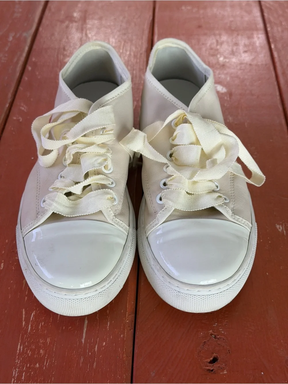 Lanvin Paris Sneaker Goatskin Lambskin Patent Smooth Leather White Cream